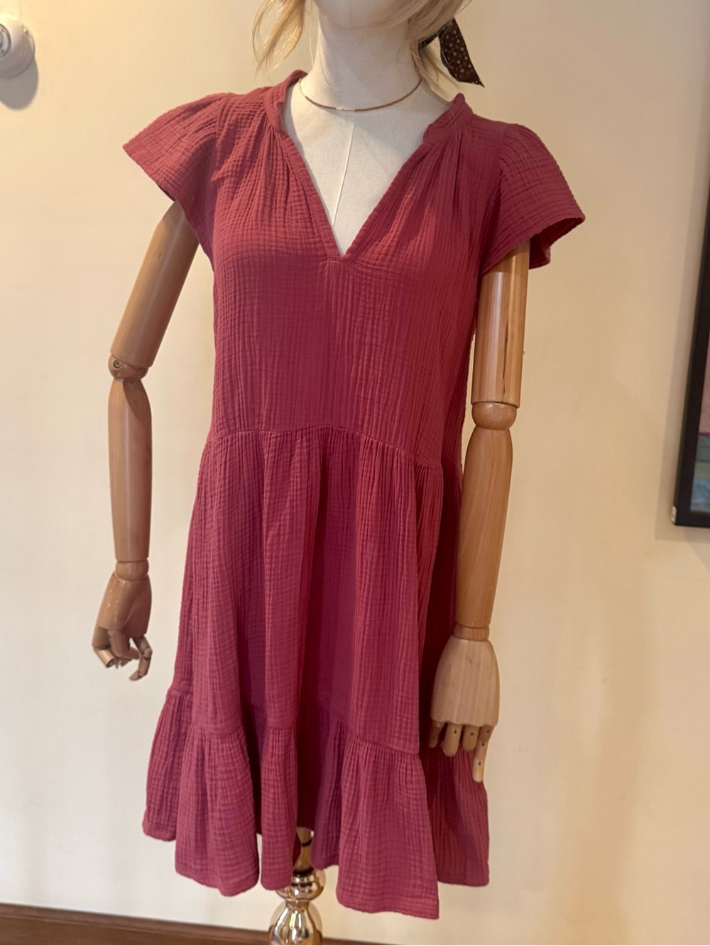 Nation Women's Mauve Gauze V-Neck Tiered Dress